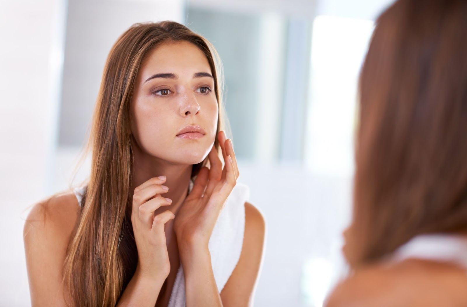 Plant Based Collagen Woman Staring In Mirror